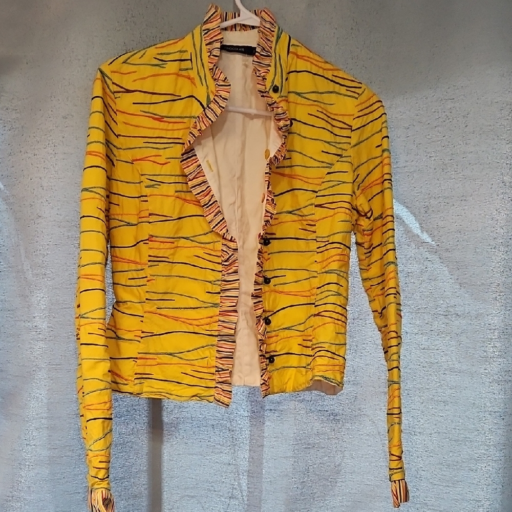 Chocolate Vibrant Yellow Blazer with‎ Black Stripes